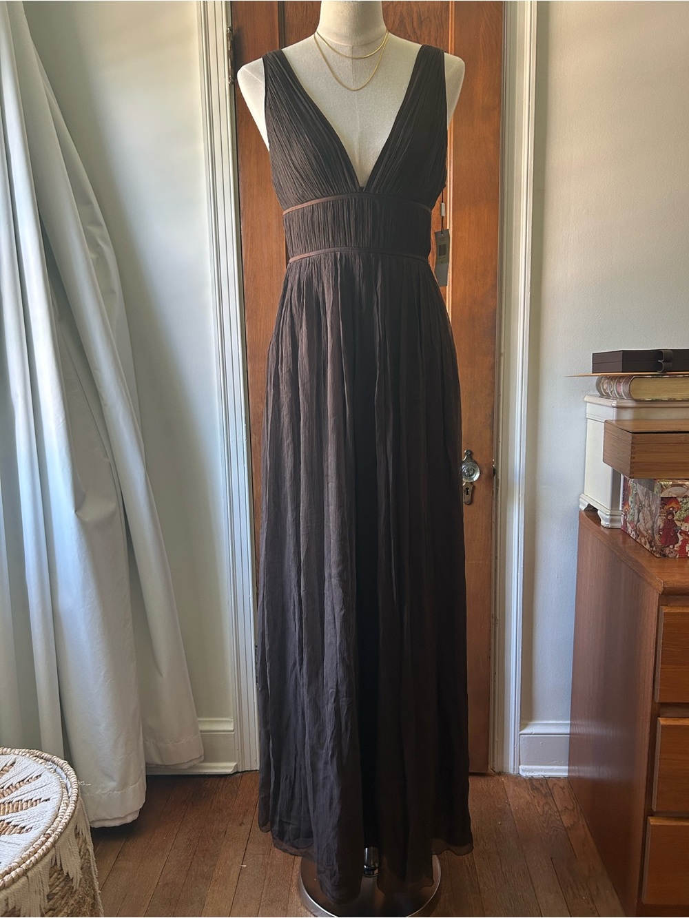 Calvin Klein Silk Sleeveless V-Neck Maxi Dress in Brown